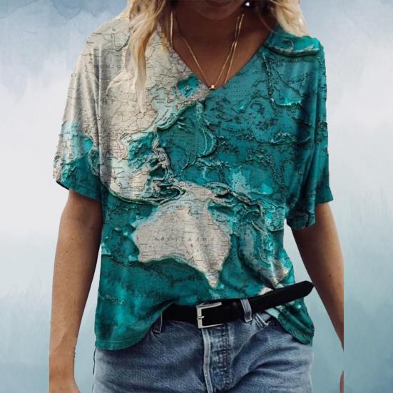 

Женская футболка с принтом карт и V-образным вырезом, полиэстеровая блузка с короткими рукавами