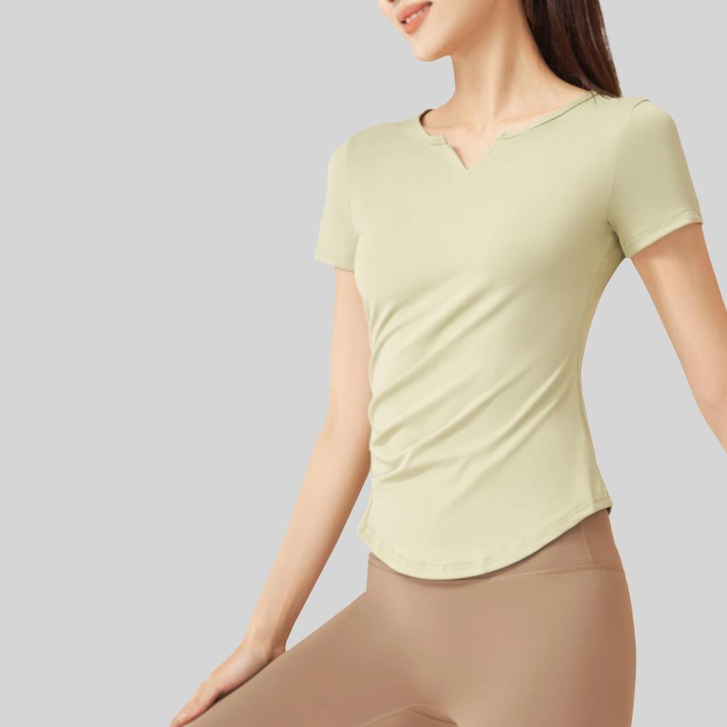 New Summer Running V-neck Yoga T Shirt Female Short sleeved Naked Quick drying Fitness Pleated Sports Top for Women