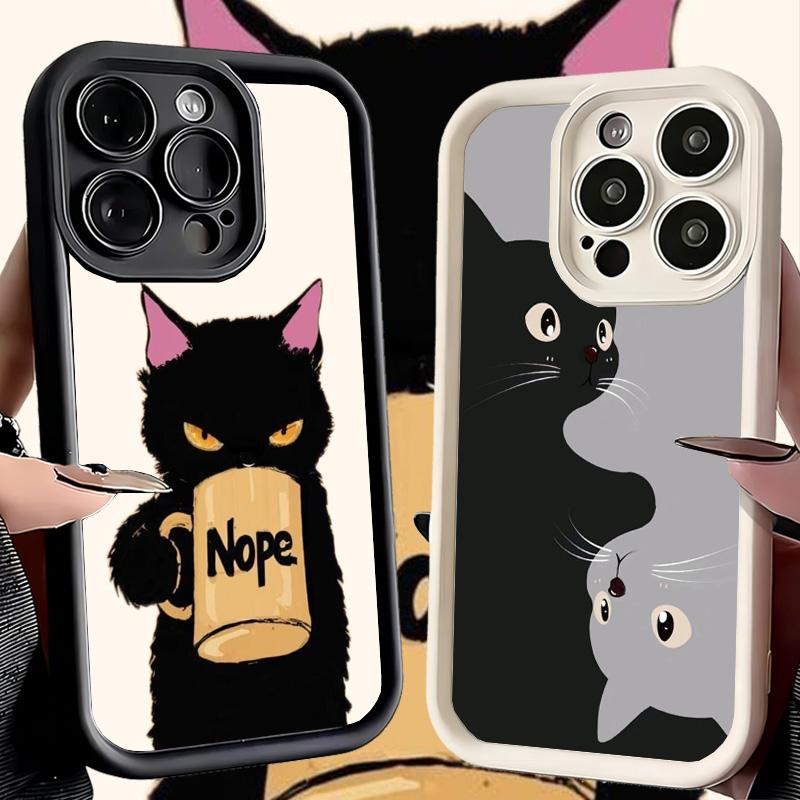 Phone Case for iPhone 17 Air 16E 15 16 Pro Max Black Cat Cartoon Cute Cover 14 Plus 13 12 Mini Soft Shell Silicone Fundas