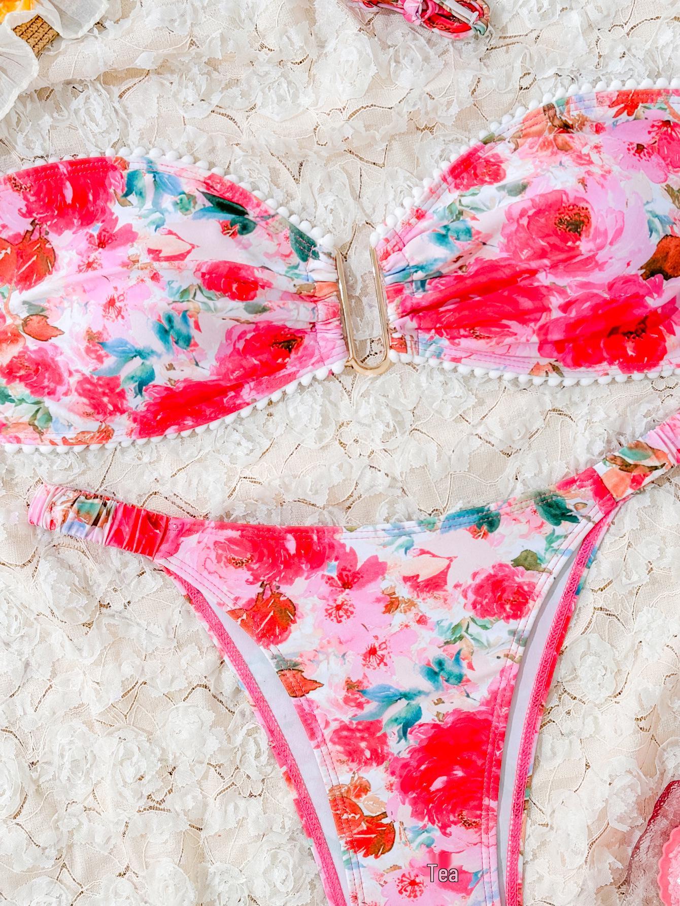 

2025 Европа и США Стиль Принт Вырез Бандо Бикини: Сексуальный купальник для женского пляжного отдыха Extra Large цветочные печати