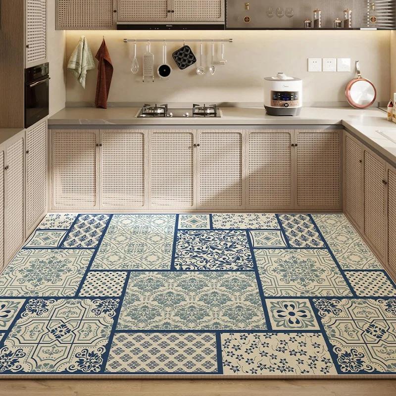 

Коврик для кухни Водонепроницаемый напольный коврик ПВХ кожа Нескользящий ковер Большие синие ковры Ретро классический узор Домашний декор Коврики 1pc 50x80cm