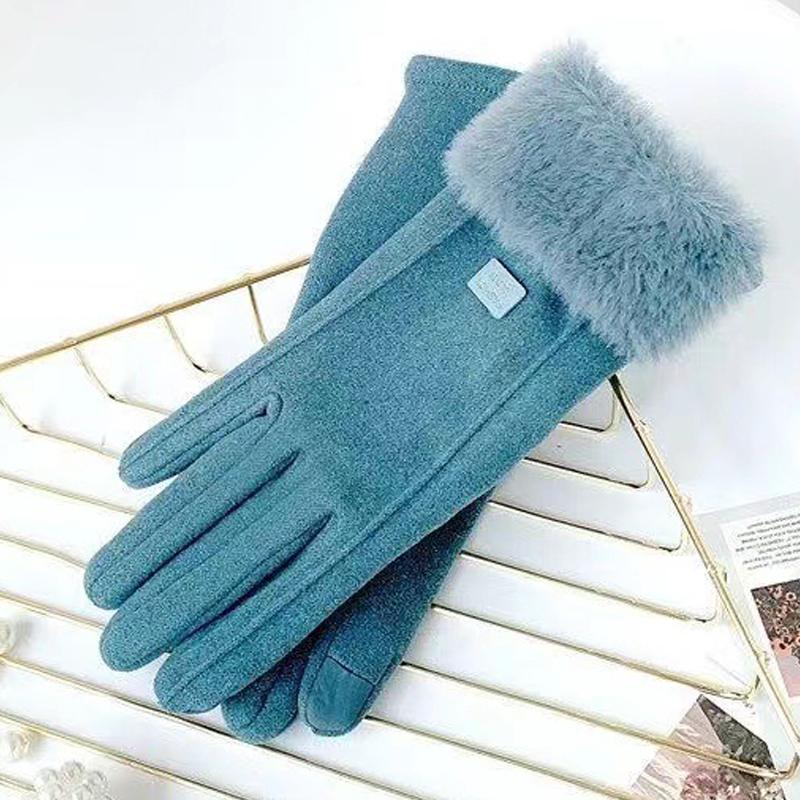 Winter Rabbit Fur Mouth Full Finger Touch Screen Mittens Plus Velvet Warm Gloves For Women