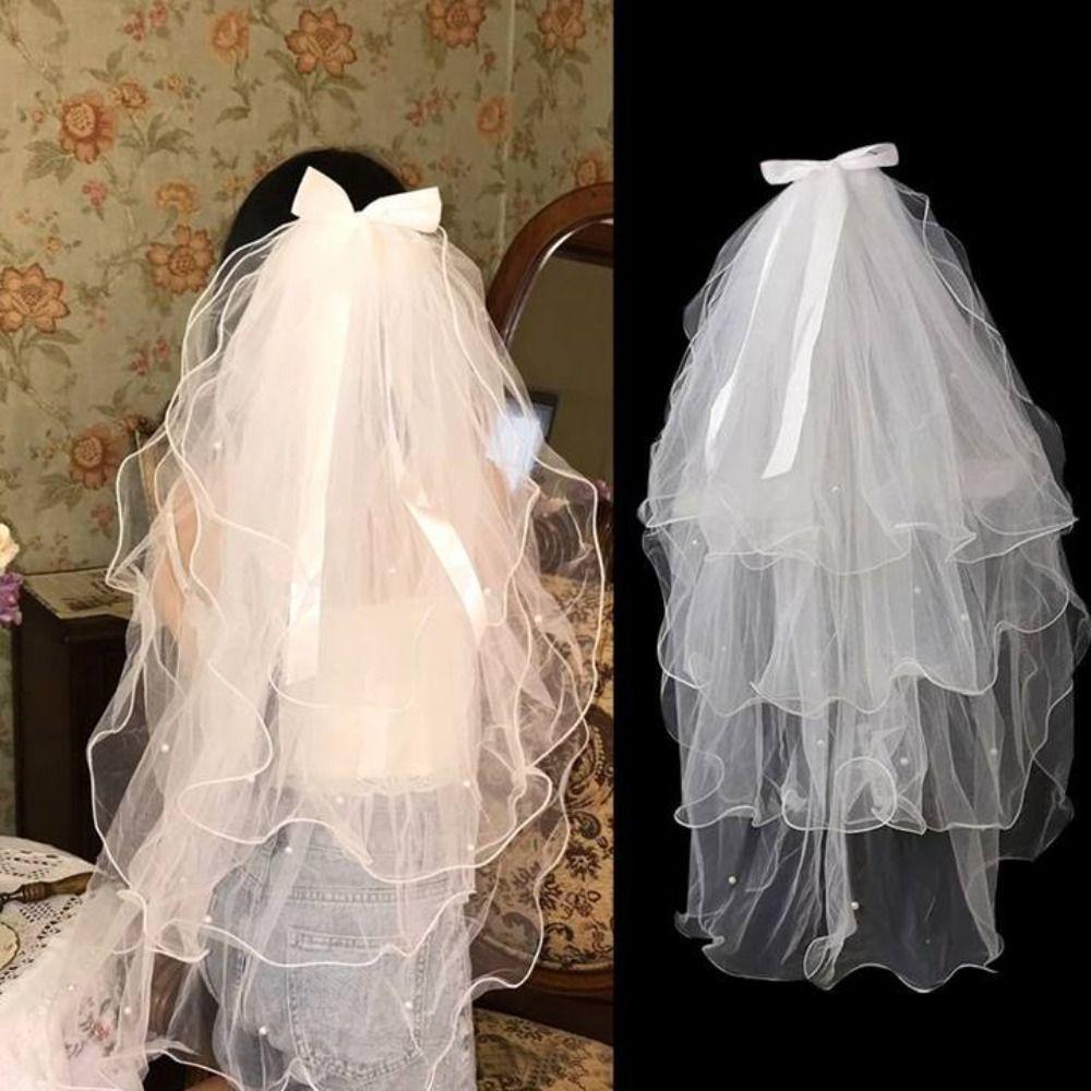 Pearl Bow Ribbon Bridal Veil Four-layer Bride Head Gauze New Wedding Veils  Wedding Accessories
