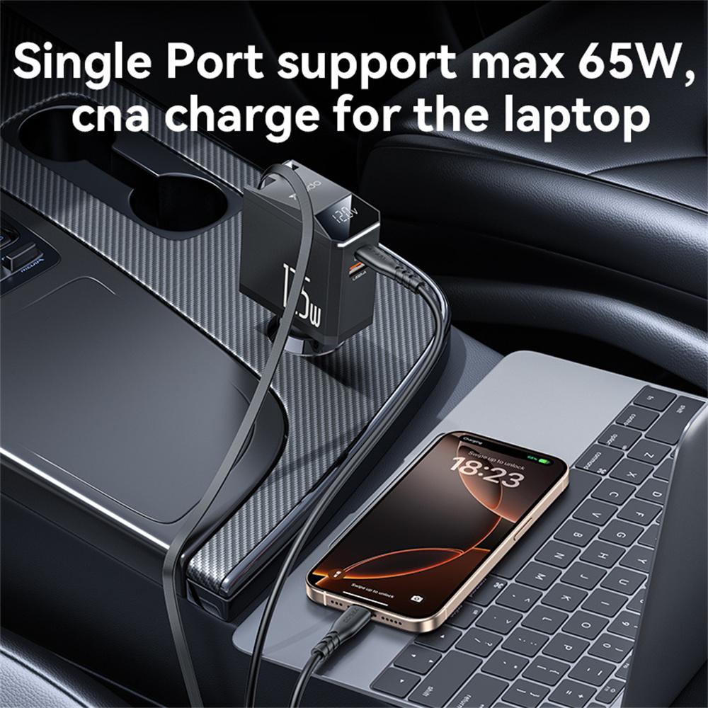 YESIDO Y71 125W Fast Charging USB A + Type C Car Charger with Retractable Cable and iP Adapter