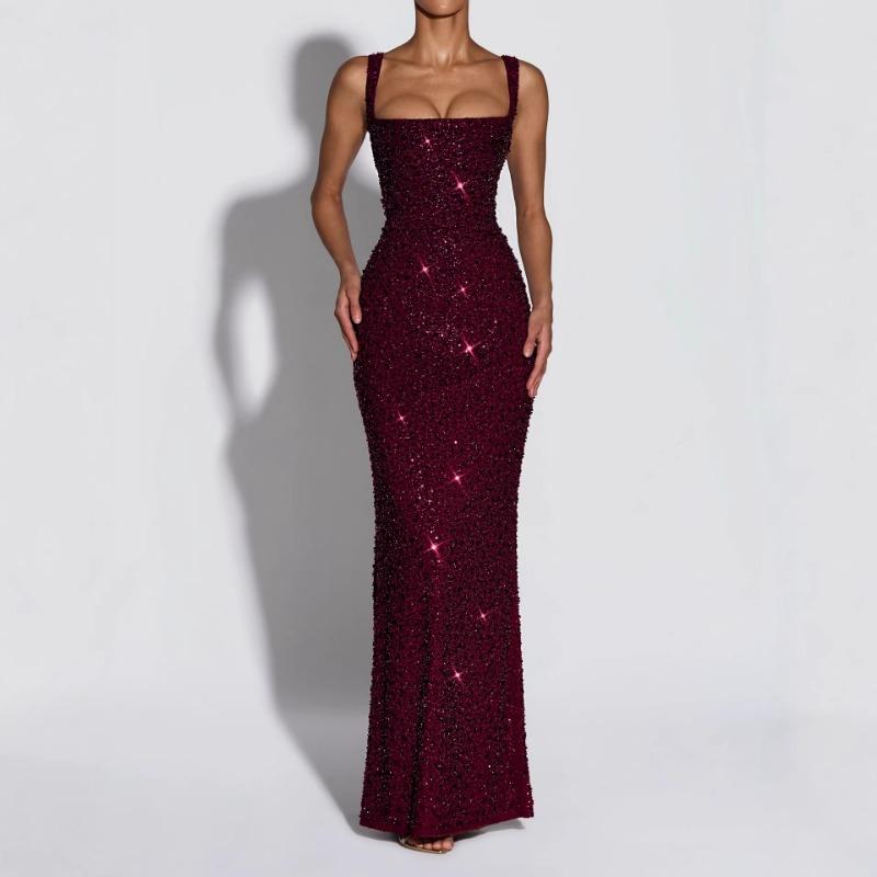 Women Sexy Sequin Slim Fit Spaghetti Strap Long Elegant Formal Party Dress