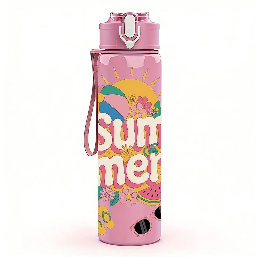 1PC Sum Mer Sun Bright Summer Lettering Art 750ml Color Plastic Sports Water Bottle Leakproof Flip Straw Lid Suitable for Sports Office Home Use