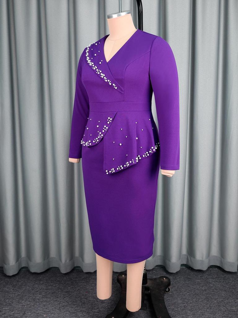 Beaded V-neck Waist-Cinched Long-Sleeve Banquet Midi Dress