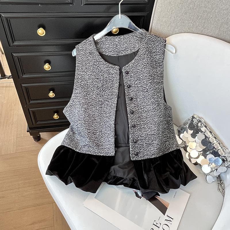 

Ретро темперамент бархатная вставка женский круглый вырез маленький ароматный ветер 2025 новый высококлассный внешний вид XXXL [Recommended 138-75kg]