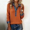 Women's Turn Down Collar Long Sleeve Knit Top Loose Fit Elegant Casual Color Block Ribbed Knit Pullover Shirt