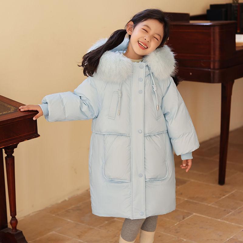 

Зимний детский пуховик средней длины для мальчиков и девочек, утепленный и теплый. 120 небесно-голубой