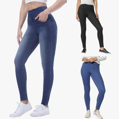 High-Waist Denim Pants with Pockets Elastic Waistband Slim Fit Long Trousers Solid Color Women Skinny Jeans