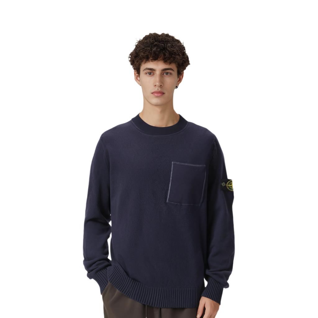 STONE ISLAND Fw22 Jednolity Kolor Okrągły Dekolt Sweter z Długim Rękawem Bluza Męska Bluza Ciemnoniebieski 7715523D2-V0020