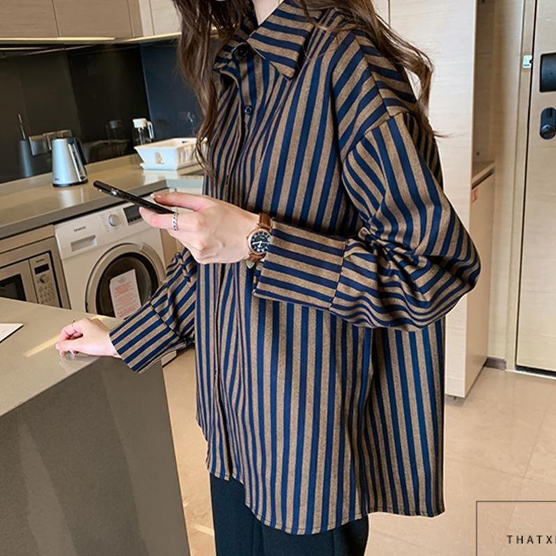 Camicia a righe vintage con colletto a punta per moda femminile primavera autunno casual versatile manica lunga monopetto