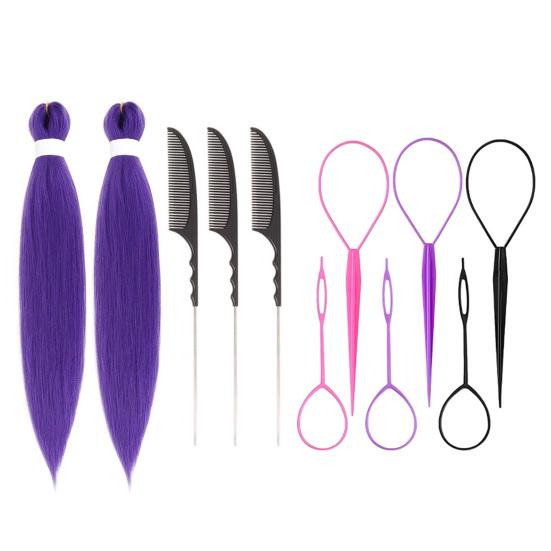 1/2/3 Sets 26-Inch Long Purple Hair Extension with Comb Bun Maker Hairdressing Tools Party Pre Stretched Straight Synthetic Hair Extension