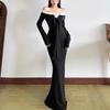 Autumn One-Shoulder Color Block Long Sleeve Mermaid Dress - Elegant Slimming Fashion for Women