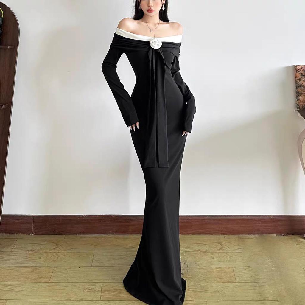 Autumn One-Shoulder Color Block Long Sleeve Mermaid Dress - Elegant Slimming Fashion for Women