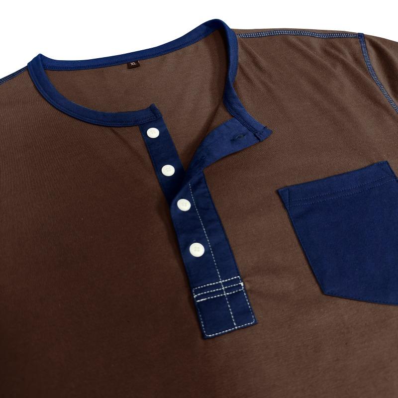 Mens Contrast Color Pocket Long Sleeve Crew Neck Henley Casual T Shirt
