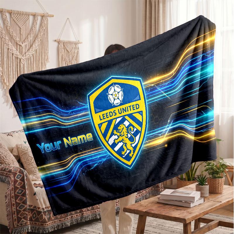 Leeds United Personalized Fleece Blanket With Football Logo, Custom Name Text Soft Warm Home Throw Blanket