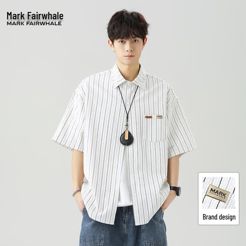 Mark Fairwhale Men s Casual Colorblock Stripe Short Sleeve Shirt L белый