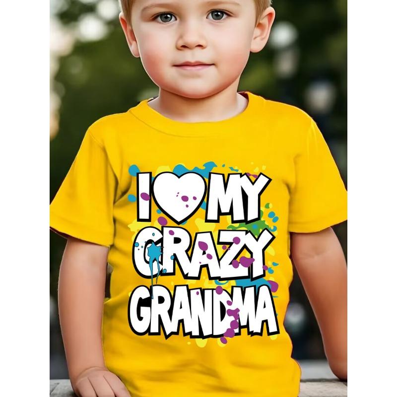European sizes Boys' Neon Green "I Love My Crazy Grandma" Graphic T-Shirt - Summer Casual Short Sleeve Tee with Heart & Splatter Design