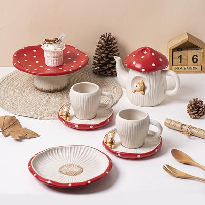 Cute Girl Heart Hand-Painted Red Mushroom Ceramic Coffee Cup Saucer Creative Teapot Household Ceramic Tableware Personalized Gift