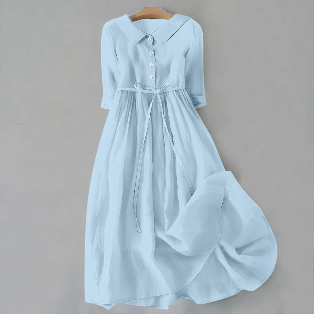 2026 Summer Trendy Lapel Dress: Cotton & Linen, Five-Point Sleeve, Long Skirt