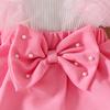 Baby Girl Long-Sleeve Ribbed Romper with Mesh Skirt Hem and Beaded Bow for Autumn and Winter