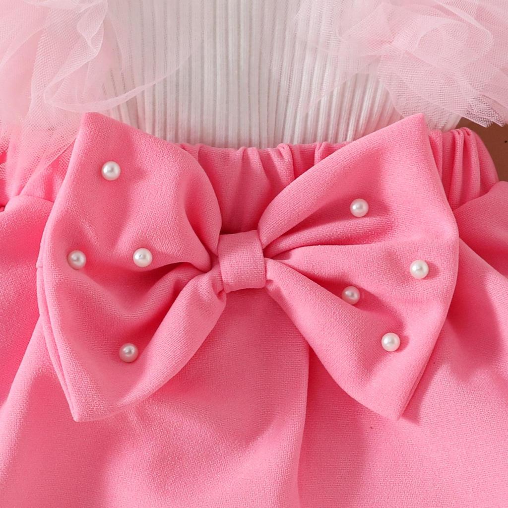 Baby Girl Long-Sleeve Ribbed Romper with Mesh Skirt Hem and Beaded Bow for Autumn and Winter