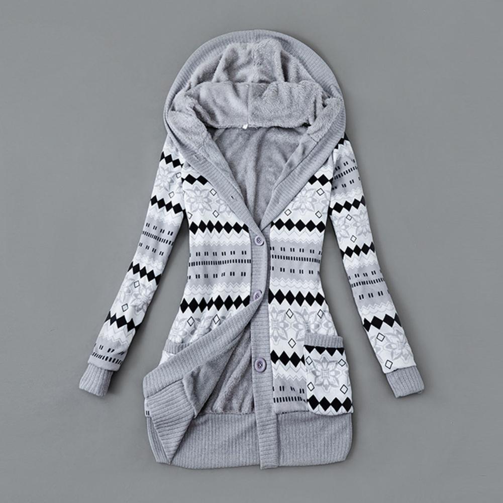 Women's Striped Printed Long Sleeved Autumn Winter Hoodie Button Plush Sweater Cardigan Jacket