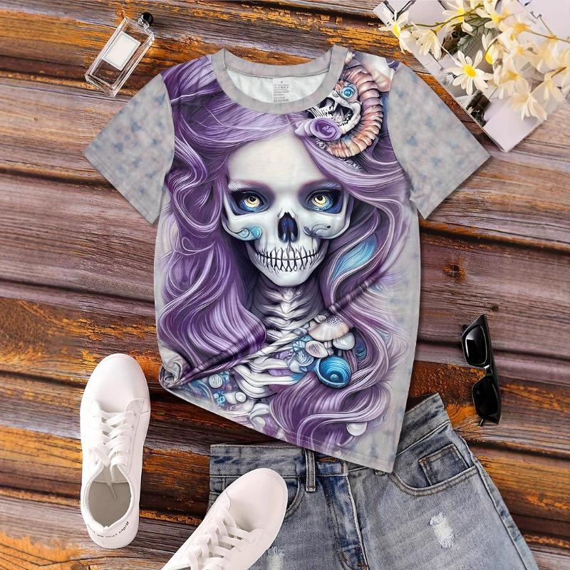 Novelty Punk Skull Portrait Print Round Neck T-shirt Halloween Women's Short Sleeved Top T-Shirts Women’s