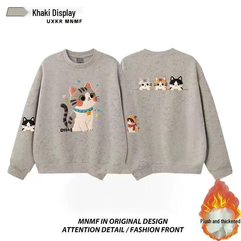 Girls' Tie-Dye Crewneck Sweatshirt with Cartoon Cat - Fleece-Lined for Spring and Autumn 2025, Medium & Large Sizes