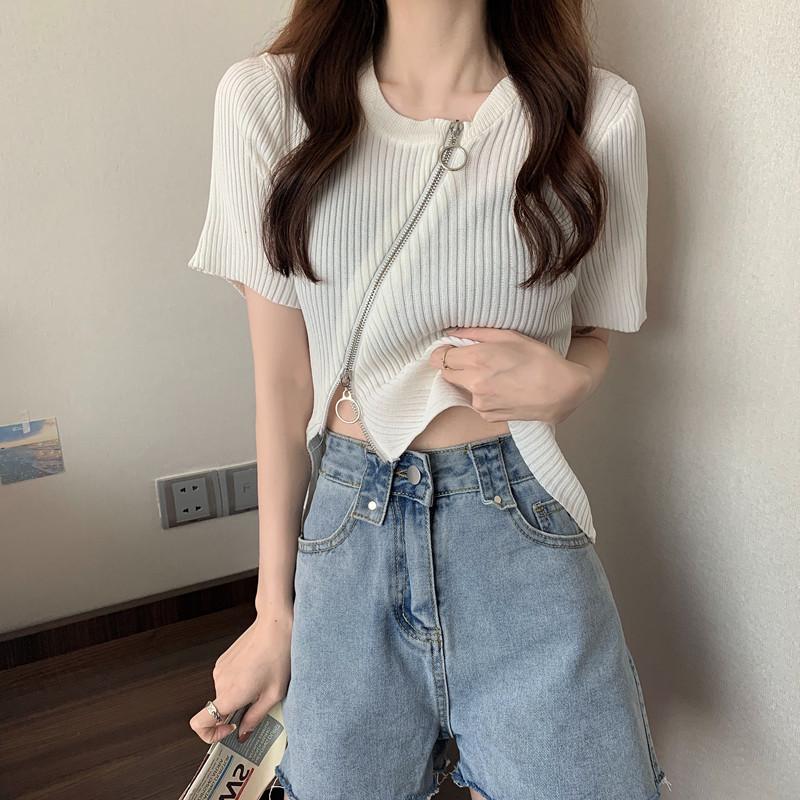 Summer Design Niche Zipper Knit Short-sleeved T-shirt Women Slim and Thin High Waist Short Tops Casual Essential Comfort Style Slim Fit Pullovers Tees