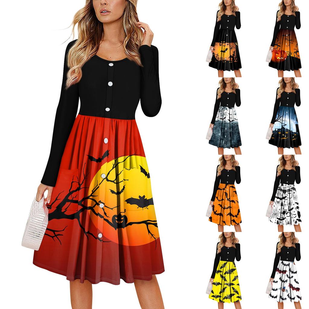 Women's Casual Fashion Sexy Comfortable Sundress Button Long Sleeves With Pockets Halloween Printed Dress