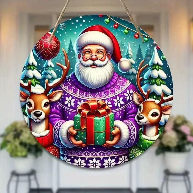 Santa Claus Christmas Wreath Wooden Hanging Sign for Wall, Door, or Window Décor