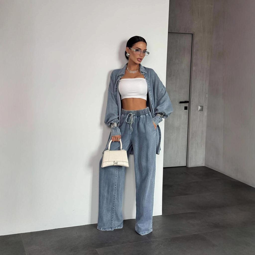  Cross-border European and American Fashion Women's Clothing Amazon Denim Long-sleeved Button-down Wide-leg Casual Pants Commuter Suit