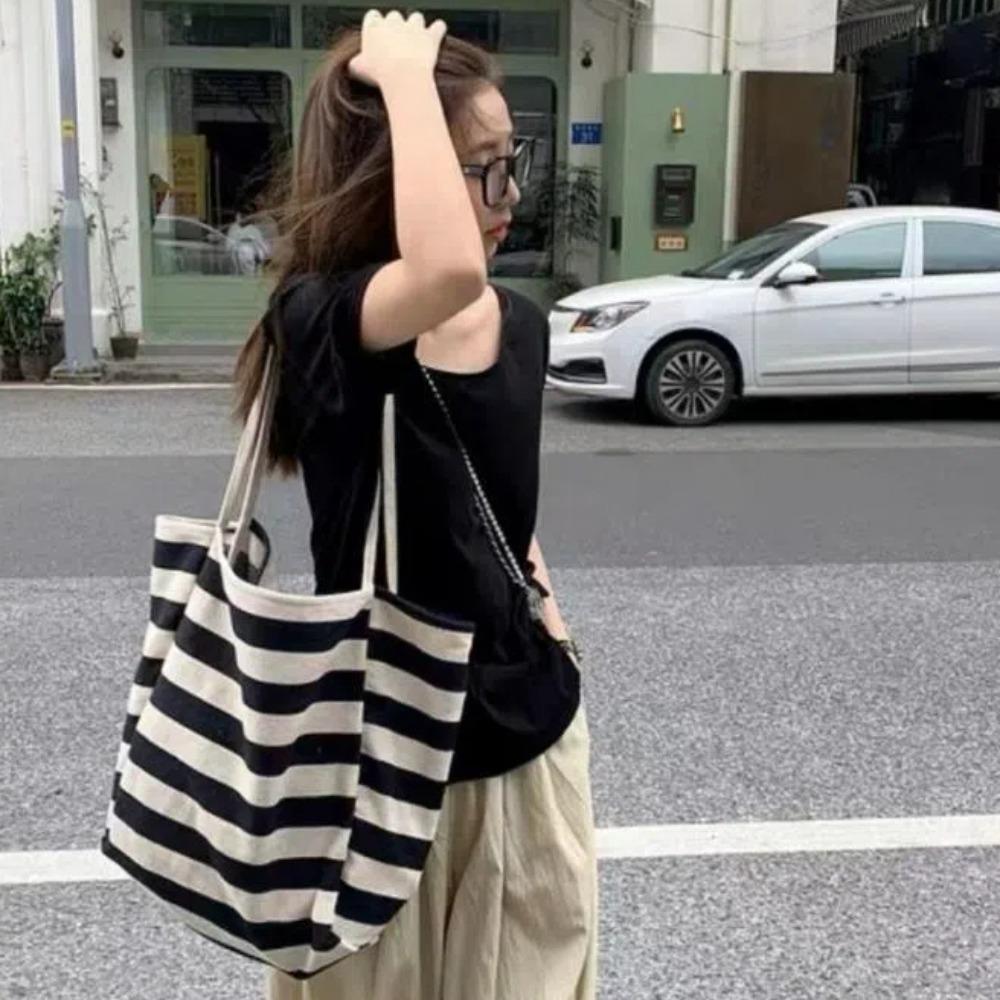 

Korean Style Black White Stripe Bag Large Capacity Thin Straps Tote Bag Daily
