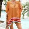 Beachwear Dress Women Bikini Cover Up V-Neck Drop-shoulder Sleeves Hollow Side Split Color Block Crochet Swimsuit Cover-ups