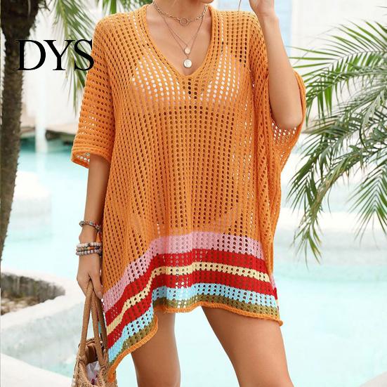 Beachwear Dress Women Bikini Cover Up V-Neck Drop-shoulder Sleeves Hollow Side Split Color Block Crochet Swimsuit Cover-ups
