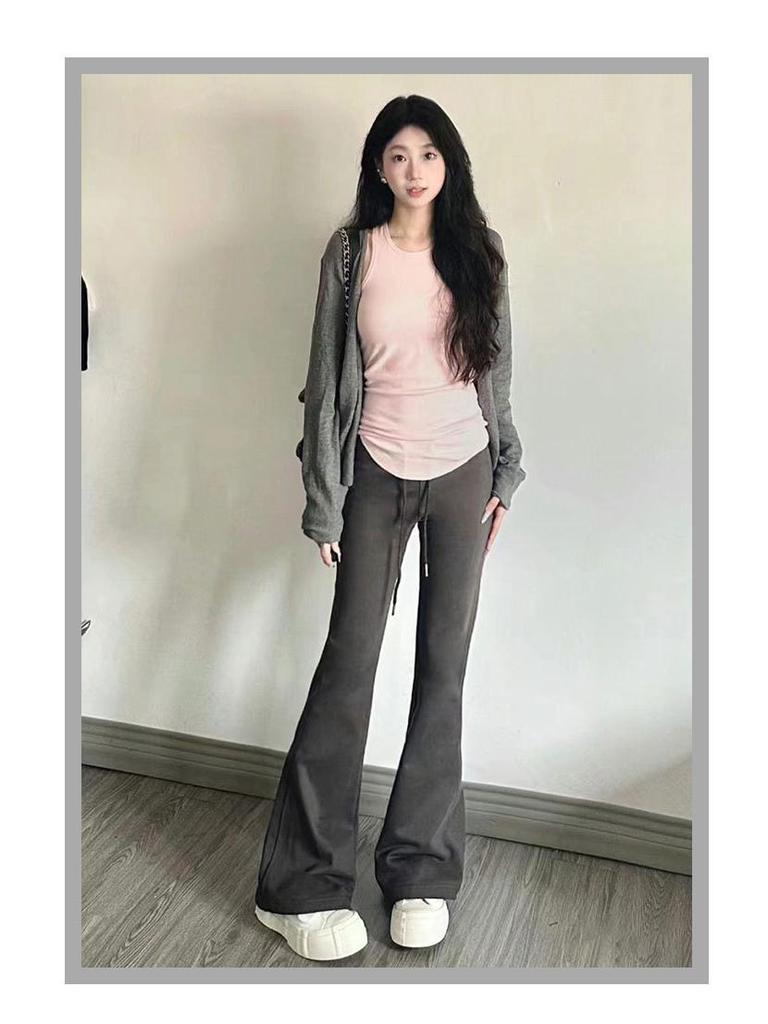 2024 Women's High Waist Gray Sport Flare Pants - Slimming American Style Casual Draping Horseshoe Long Pants