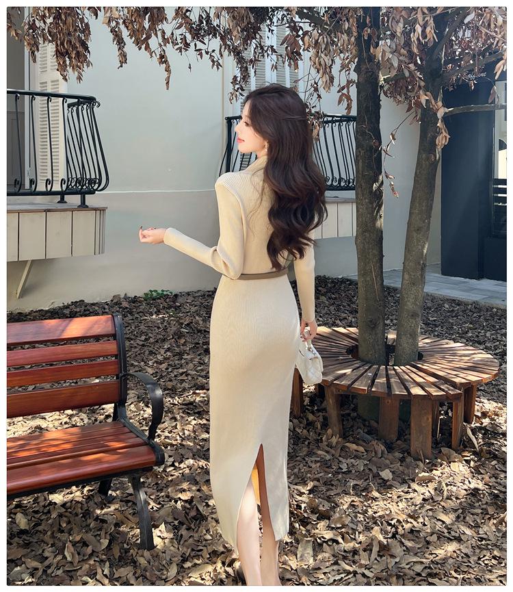 Elegant French Knit Bodycon Dress: Autumn/Winter Long Sleeve Wool with Lapel