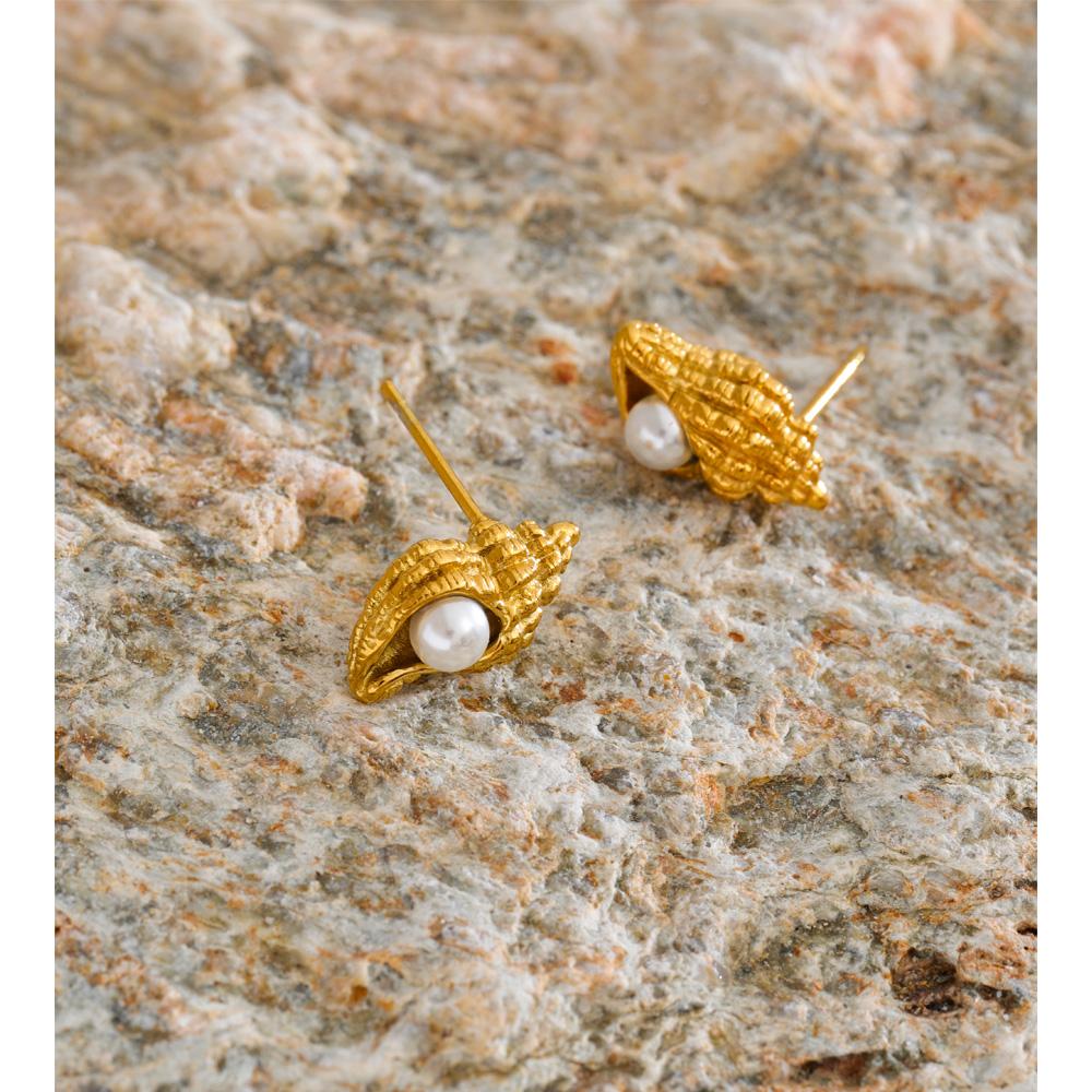 Yhpup Ocean Style Stainless Steel Pearls Conch Small Stud Earrings for Women Waterproof Trendy Chic Daily Jewelry Wholesale