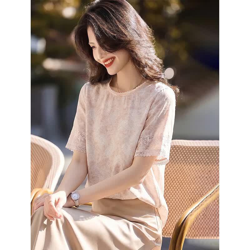 Women's Lyocell Embroidered Lace Short Sleeve Blouse