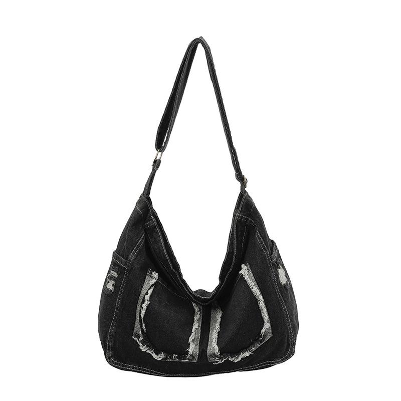 

Distressed Denim Tote Bag for Women Stylish Fashiable and Versatile for Daily Use Shoulder Bag Spacious Vintage Commuting Bag чёрный