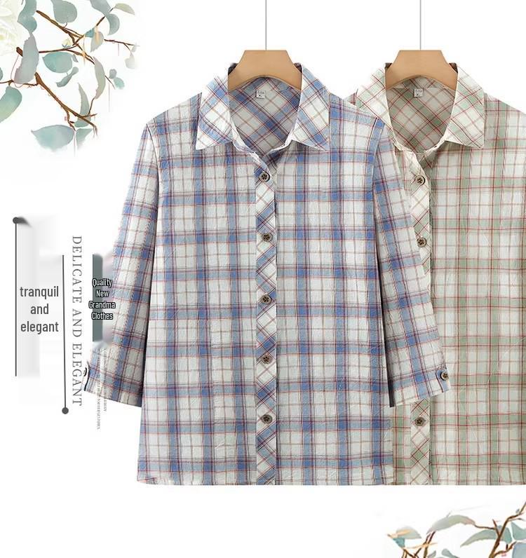 Women's Plaid Long Sleeve Pure Cotton Shirt for Spring/Autumn - Loose Fit for Middle-Aged and Elderly