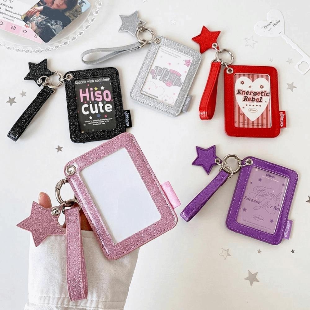 Shiny Star Charm Photocard Case Glitter PU Keychain Bag Pendant Stationery Supplies