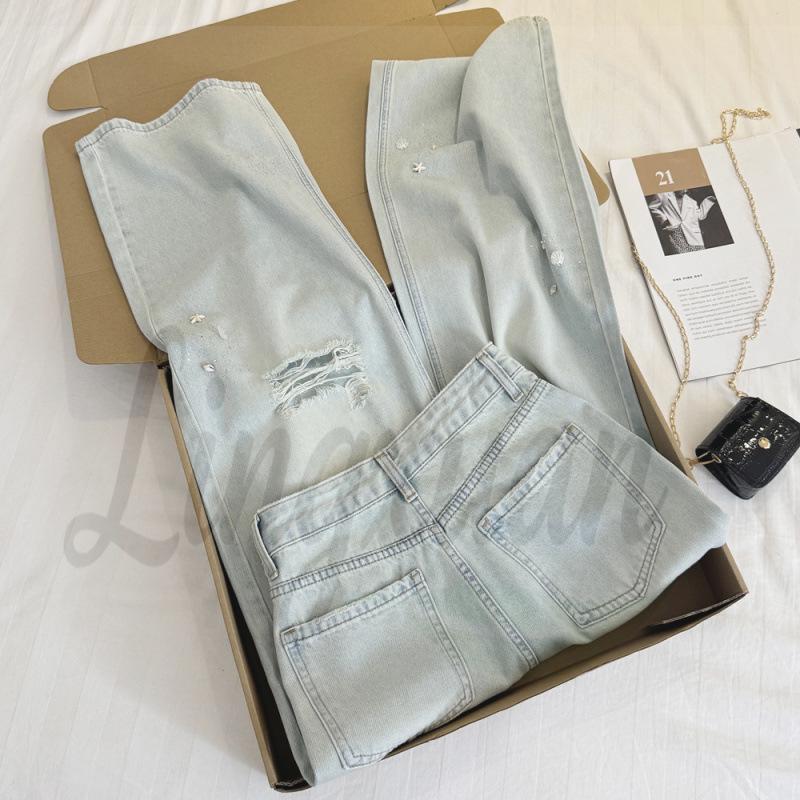 

Unisex High-Waisted Denim Pants: Stylish, Ripped, Slimming, Loose Fit, Narrow & Wide Leg Options for Summer. Small