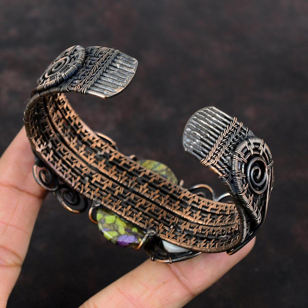 Bracelet manchette en stichtite de cuivre Bracelet en pierre de lune arc-en-ciel Bracelet manchette en pierres précieuses enveloppé de fil de cuivre Bracelet réglable Bijoux en cuivre faits à la main