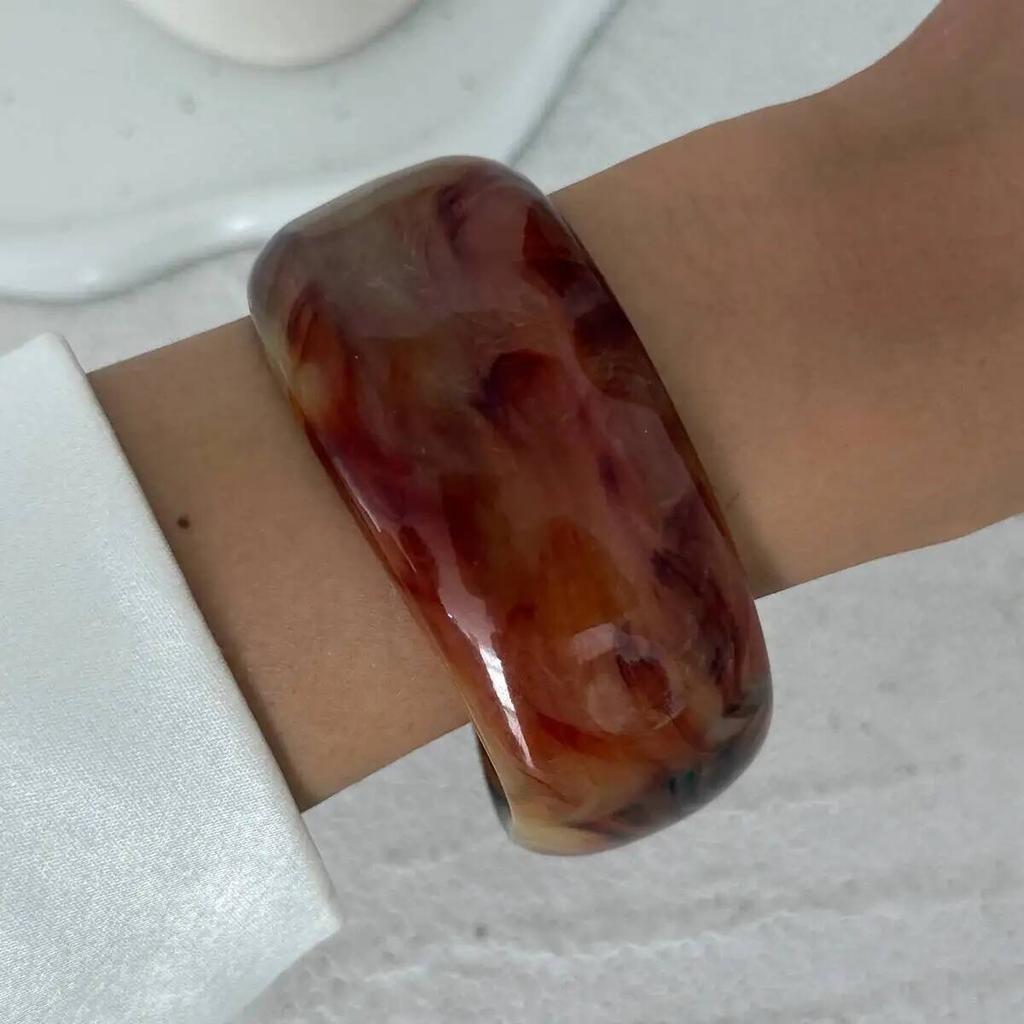 IngeSight.Z 3 Styles Punk Irregular Wide Chunky Resin Acrylic Smudging Bangle Women Geometric Spring Metal Bracelet Jewelry Gift