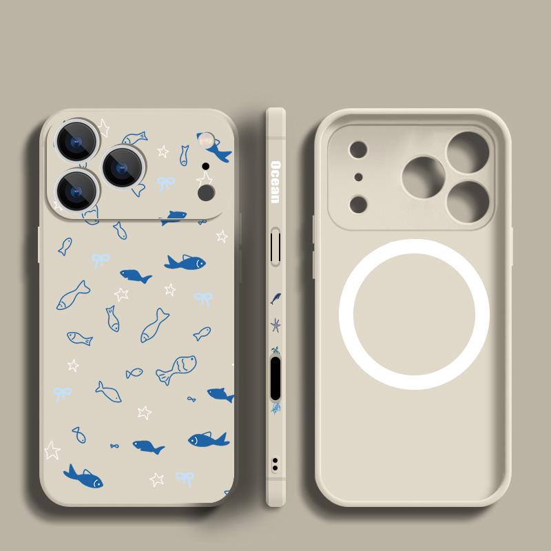 Magnetic For Magsafe Case For iPhone 17 Pro Max Whale Fish Print Soft Silicone Phone Back Cover For iPhone 16 15 14 13 Pro Max 16e 17e