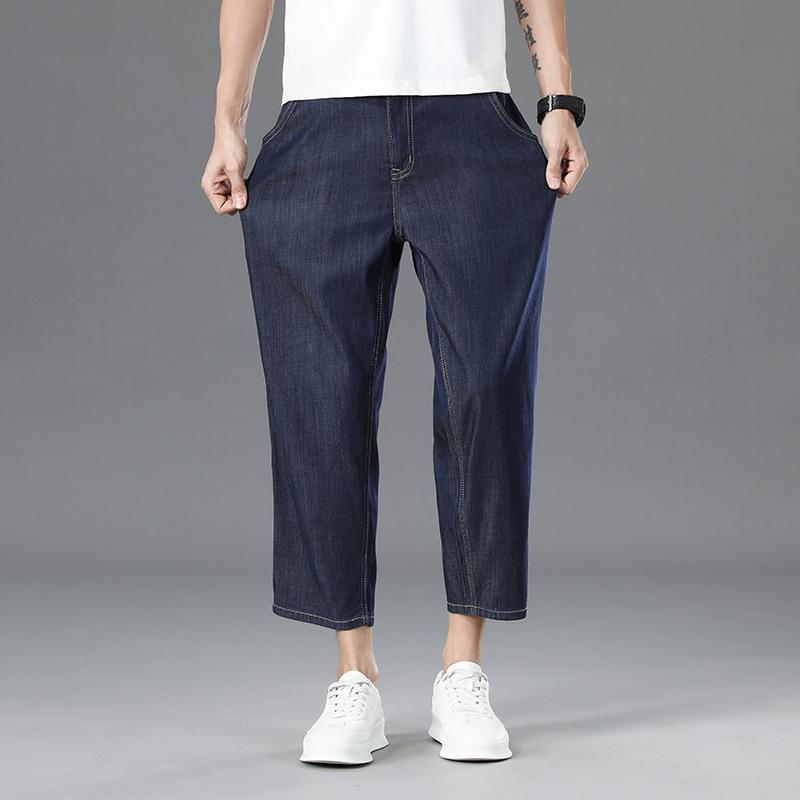 Lyocell Anti-fading High-end Wide-leg Jeans For Men, Loose Straight Stretch Stretch Summer Eight-nine-point Jeans